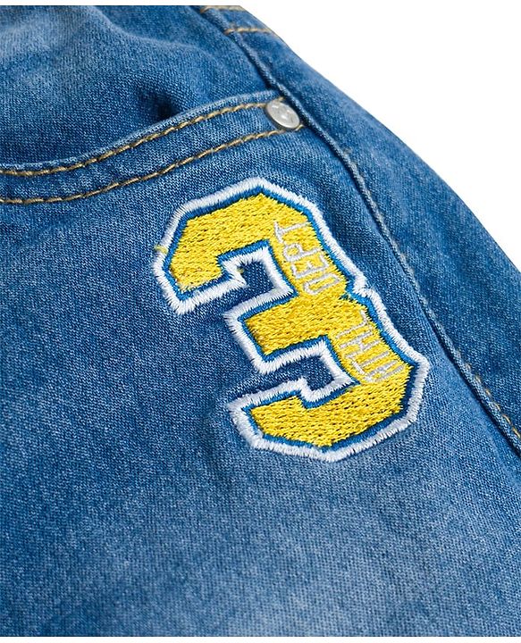 Babyhug Mid Thigh Washed Denim Shorts With Number Embroidery & Stretch - Light Blue