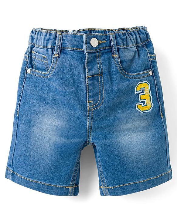 Babyhug Mid Thigh Washed Denim Shorts With Number Embroidery & Stretch - Light Blue