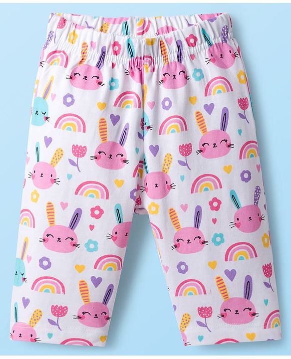 Babyhug Cotton Knit Half Sleeves Co-ords Capri Night Suit With Floral Print - Pink & White