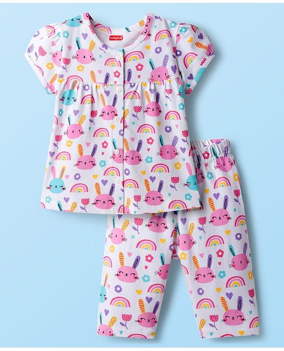 Babyhug Cotton Knit Half Sleeves Co-ords Capri Night Suit With Floral Print - Pink & White