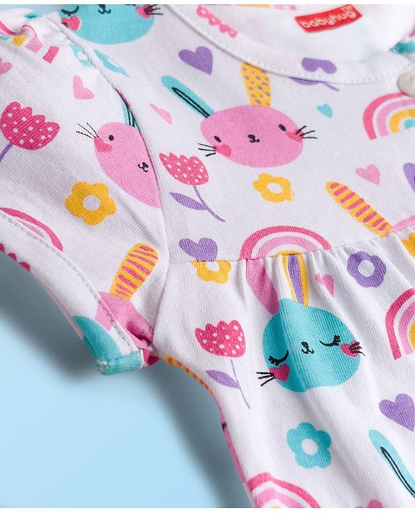 Babyhug Cotton Knit Half Sleeves Co-ords Capri Night Suit With Floral Print - Pink & White