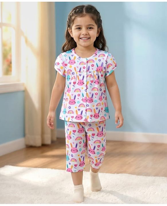 Babyhug Cotton Knit Half Sleeves Co-ords Capri Night Suit With Floral Print - Pink & White