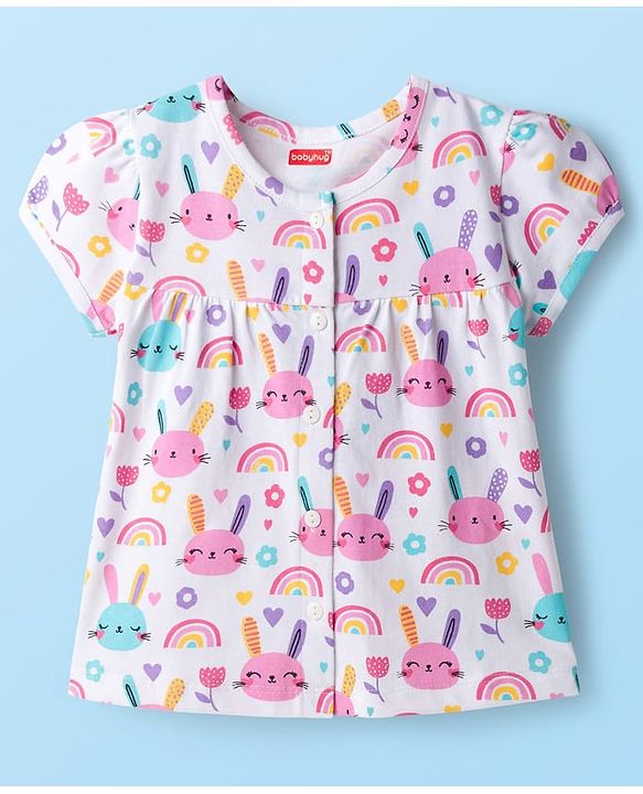 Babyhug Cotton Knit Half Sleeves Co-ords Capri Night Suit With Floral Print - Pink & White