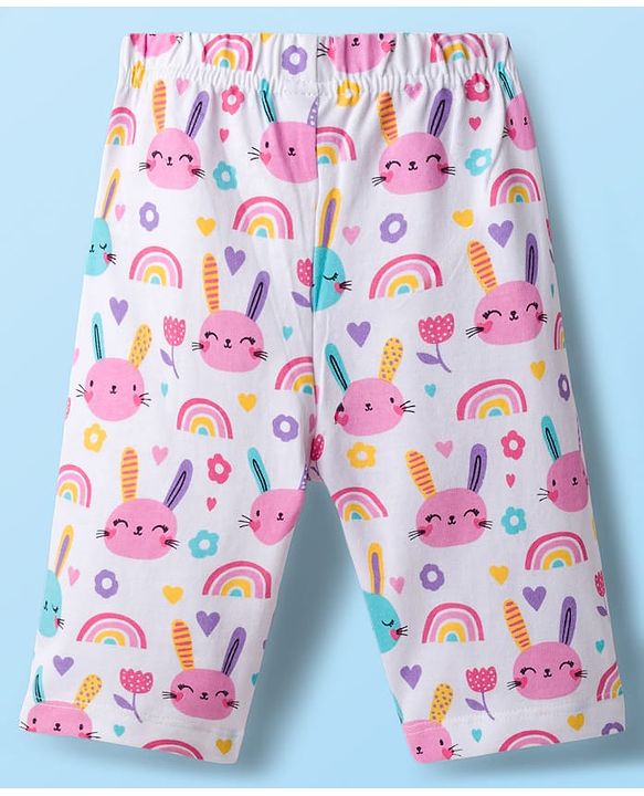 Babyhug Cotton Knit Half Sleeves Co-ords Capri Night Suit With Floral Print - Pink & White