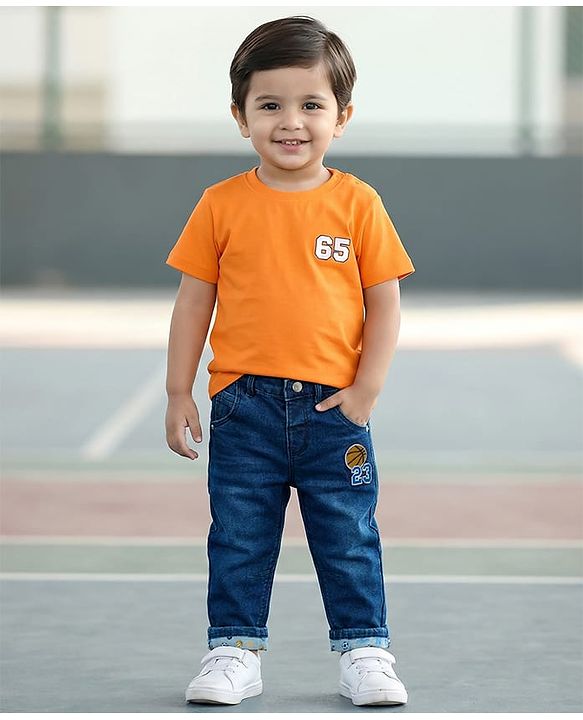 Babyhug Full Length Washed Denim Jeans With Basketball Patch & Stretch - Navy Blue