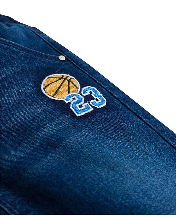 Babyhug Full Length Washed Denim Jeans With Basketball Patch & Stretch - Navy Blue