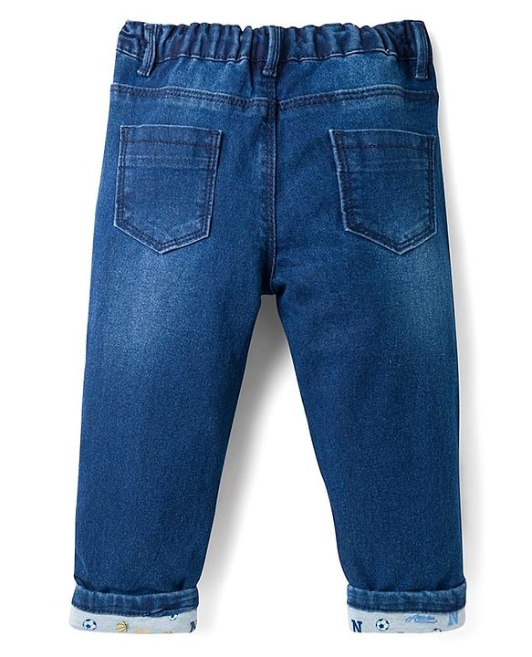 Babyhug Full Length Washed Denim Jeans With Basketball Patch & Stretch - Navy Blue