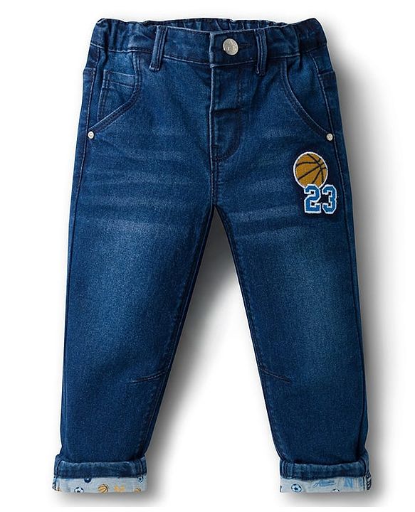 Babyhug Full Length Washed Denim Jeans With Basketball Patch & Stretch - Navy Blue