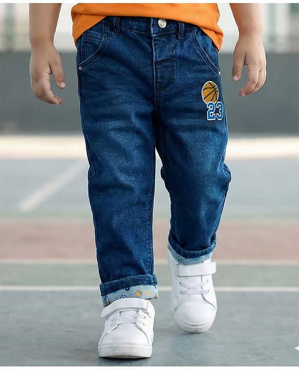 Babyhug Full Length Washed Denim Jeans With Basketball Patch & Stretch - Navy Blue