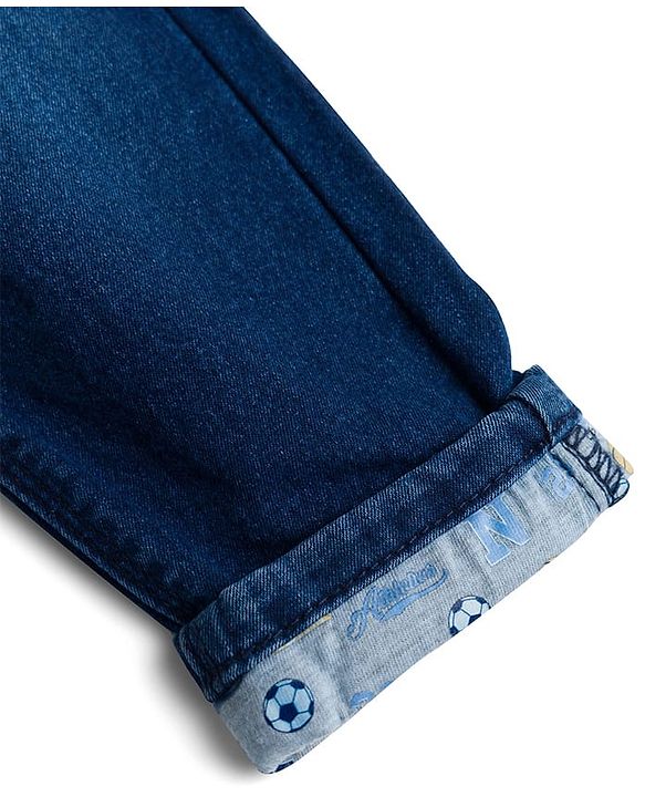 Babyhug Full Length Washed Denim Jeans With Basketball Patch & Stretch - Navy Blue
