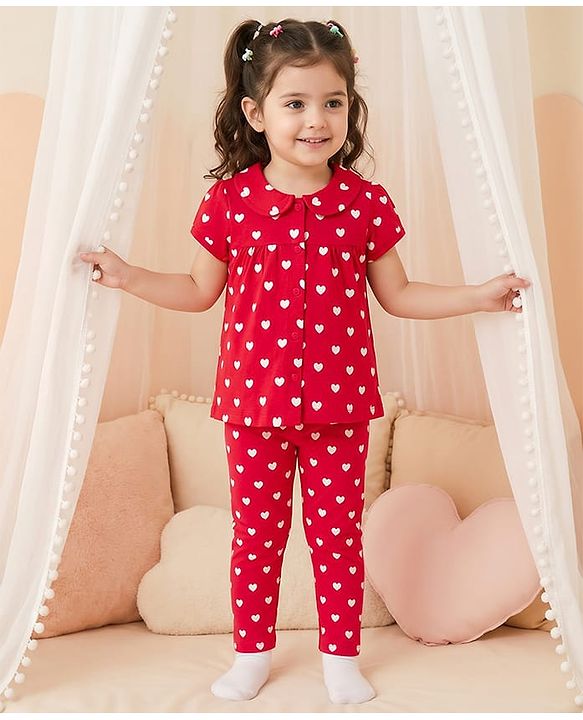 Babyhug Cotton Knit Half Sleeves Shirt & Pyjama Co-ord Night Suit With Heart Print - Red