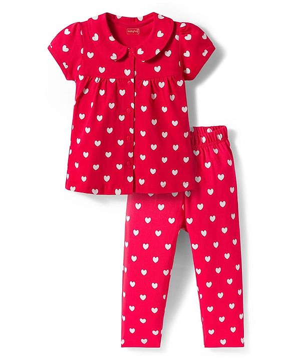 Babyhug Cotton Knit Half Sleeves Shirt & Pyjama Co-ord Night Suit With Heart Print - Red