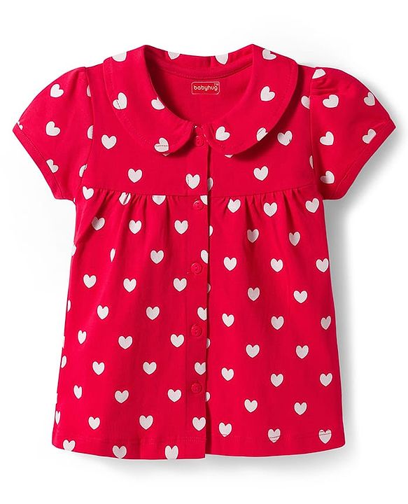 Babyhug Cotton Knit Half Sleeves Shirt & Pyjama Co-ord Night Suit With Heart Print - Red