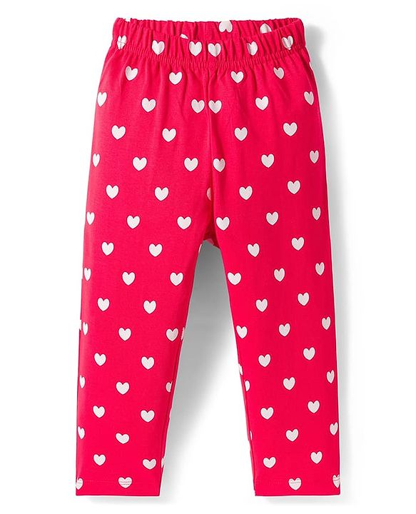Babyhug Cotton Knit Half Sleeves Shirt & Pyjama Co-ord Night Suit With Heart Print - Red