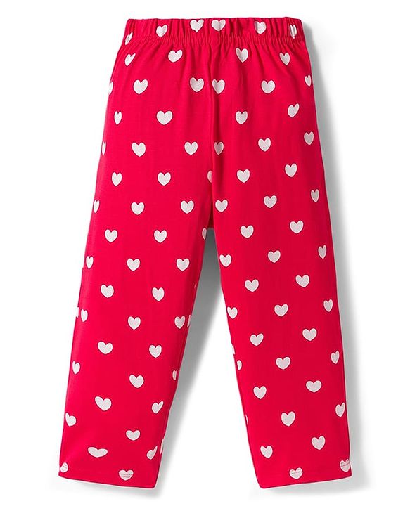 Babyhug Cotton Knit Half Sleeves Shirt & Pyjama Co-ord Night Suit With Heart Print - Red