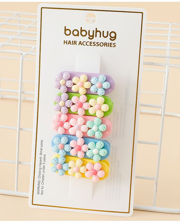 Babyhug Snap Clips Free Size with Floral Applique Pack of 5 - Multicolor