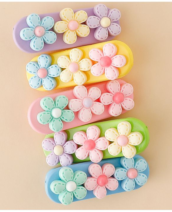 Babyhug Snap Clips Free Size with Floral Applique Pack of 5 - Multicolor
