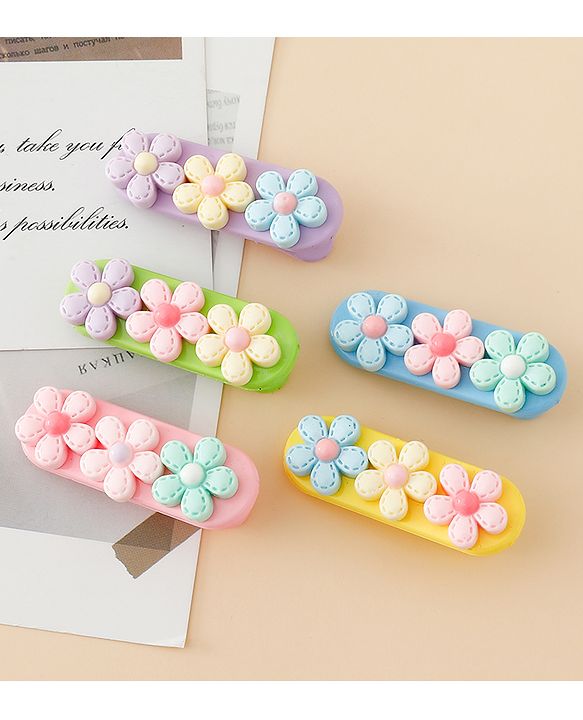 Babyhug Snap Clips Free Size with Floral Applique Pack of 5 - Multicolor
