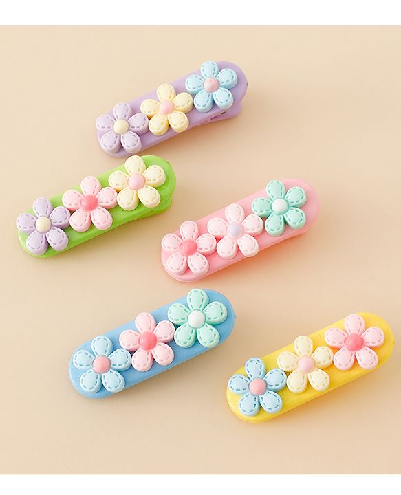 Babyhug Snap Clips Free Size with Floral Applique Pack of 5 - Multicolor