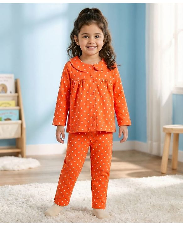 Babyhug Cotton Knit Full Sleeves Co-ords Night Suit With Polka Dot Print - Orange