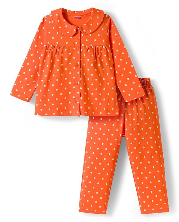 Babyhug Cotton Knit Full Sleeves Co-ords Night Suit With Polka Dot Print - Orange