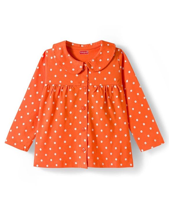 Babyhug Cotton Knit Full Sleeves Co-ords Night Suit With Polka Dot Print - Orange
