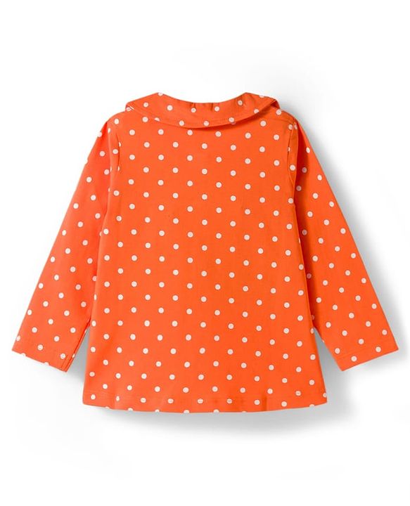 Babyhug Cotton Knit Full Sleeves Co-ords Night Suit With Polka Dot Print - Orange