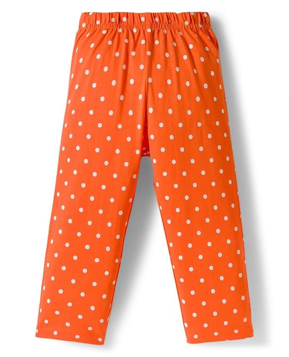 Babyhug Cotton Knit Full Sleeves Co-ords Night Suit With Polka Dot Print - Orange