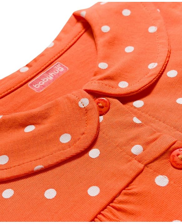 Babyhug Cotton Knit Full Sleeves Co-ords Night Suit With Polka Dot Print - Orange