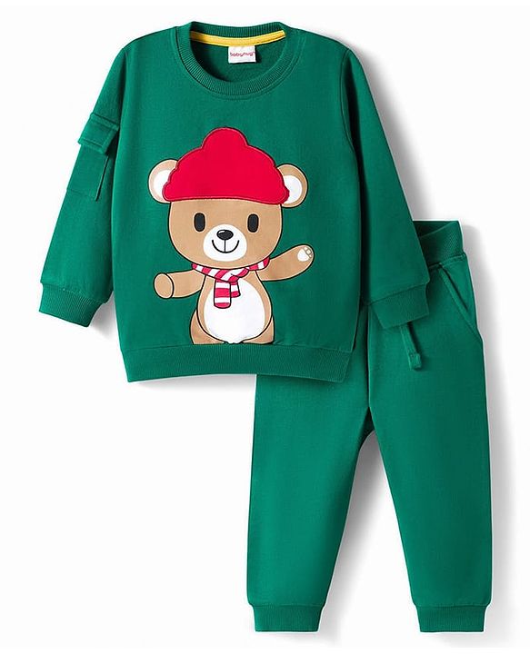 Babyhug Terry Knit Full Sleeves T-Shirt & Lounge Pant Set with Bear Print & Patch - Green