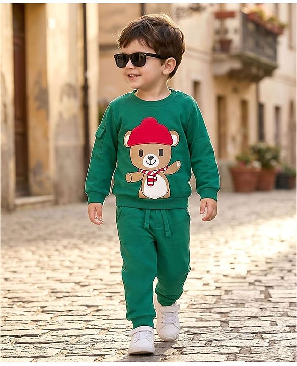 Babyhug Terry Knit Full Sleeves T-Shirt & Lounge Pant Set with Bear Print & Patch - Green