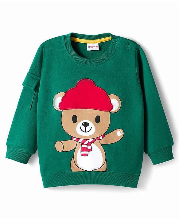 Babyhug Terry Knit Full Sleeves T-Shirt & Lounge Pant Set with Bear Print & Patch - Green