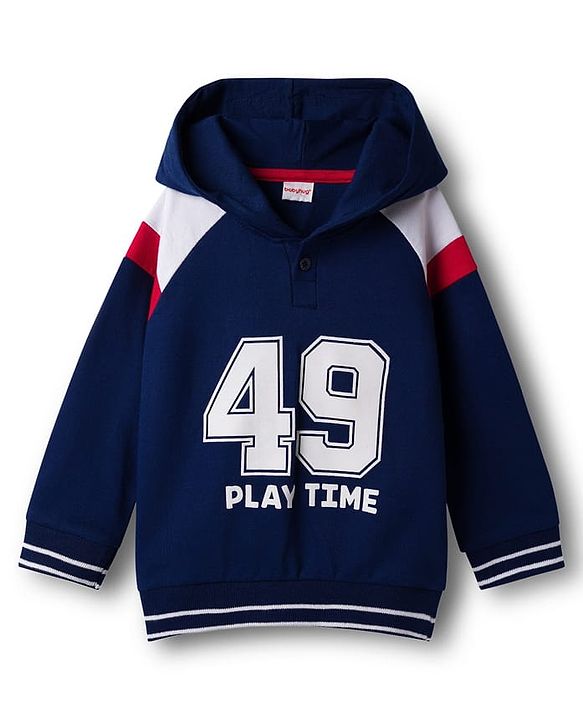 Babyhug Terry Knit Full Raglan Sleeves Hooded T-Shirt & Lounge Pant Set With Number Print - Navy Blue