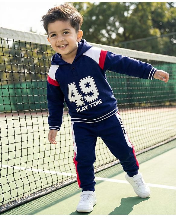 Babyhug Terry Knit Full Raglan Sleeves Hooded T-Shirt & Lounge Pant Set With Number Print - Navy Blue
