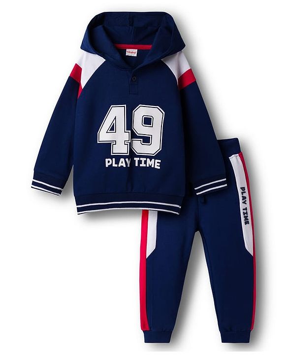 Babyhug Terry Knit Full Raglan Sleeves Hooded T-Shirt & Lounge Pant Set With Number Print - Navy Blue
