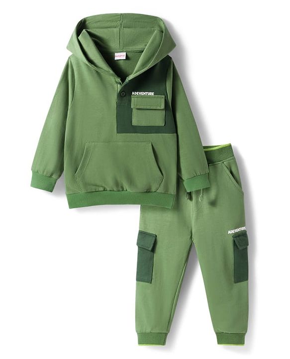 Babyhug Terry Knit Full Sleeves Hooded Sweatshirt & Lounge Pant Set With Adventure Print - Green