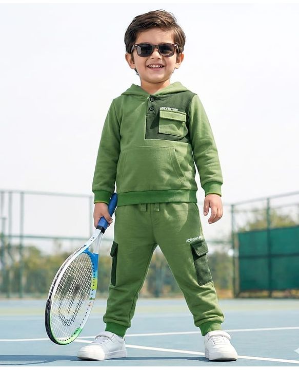 Babyhug Terry Knit Full Sleeves Hooded Sweatshirt & Lounge Pant Set With Adventure Print - Green