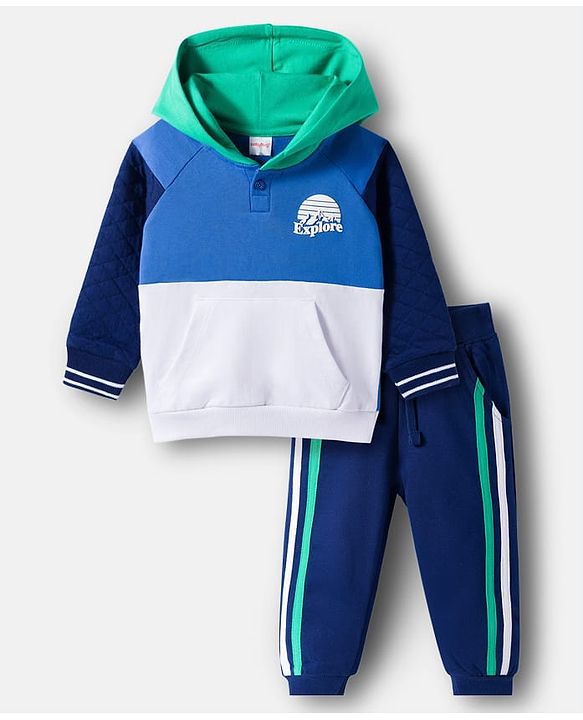 Babyhug Terry Knit Full Raglan Sleeves Cut & Sew Hooded T-Shirt & Lounge Pant Set with Explorer Print - Multicolor