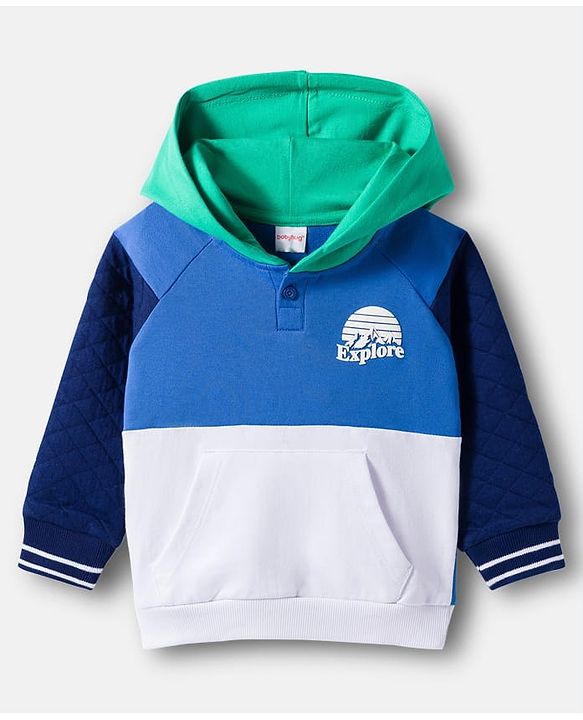 Babyhug Terry Knit Full Raglan Sleeves Cut & Sew Hooded T-Shirt & Lounge Pant Set with Explorer Print - Multicolor