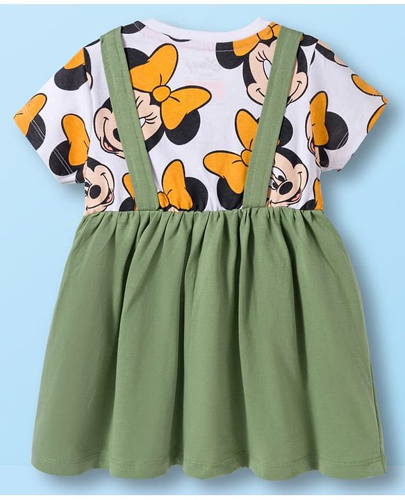 Babyhug Disney Single Jersey Knit Half Sleeves Frock with Minnie Mouse Graphic - Green & White