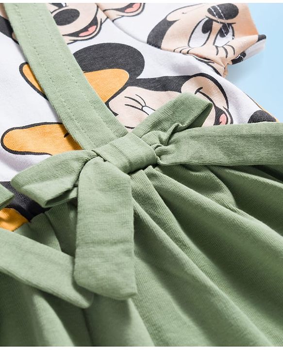 Babyhug Disney Single Jersey Knit Half Sleeves Frock with Minnie Mouse Graphic - Green & White