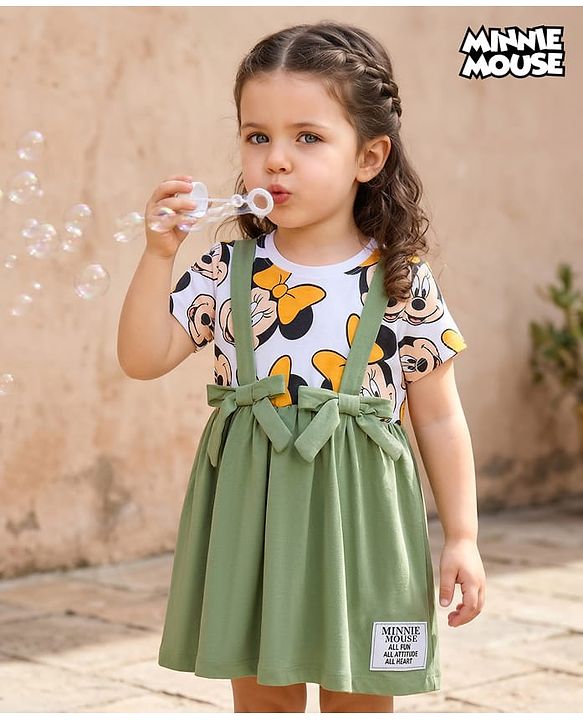 Babyhug Disney Single Jersey Knit Half Sleeves Frock with Minnie Mouse Graphic - Green & White