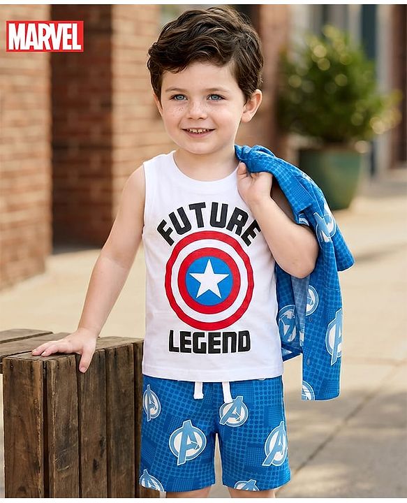 Babyhug Marvel Single Jersey Knit Half Sleeves Shirt & Shorts Set with T-Shirt & Avengers Graphic - Blue