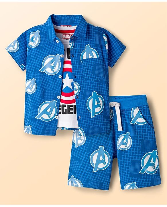 Babyhug Marvel Single Jersey Knit Half Sleeves Shirt & Shorts Set with T-Shirt & Avengers Graphic - Blue