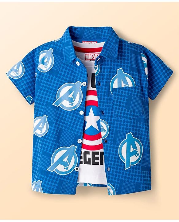 Babyhug Marvel Single Jersey Knit Half Sleeves Shirt & Shorts Set with T-Shirt & Avengers Graphic - Blue