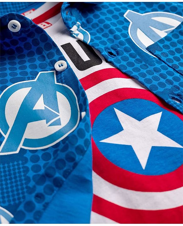 Babyhug Marvel Single Jersey Knit Half Sleeves Shirt & Shorts Set with T-Shirt & Avengers Graphic - Blue