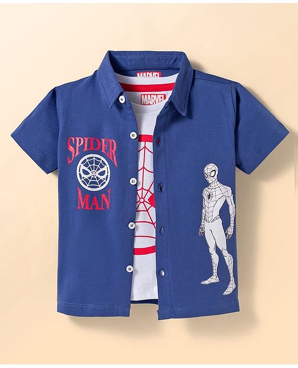 Babyhug Marvel Single Jersey Knit Half Sleeves Spider Man Printed Shirt With T-Shirt  - Navy Blue