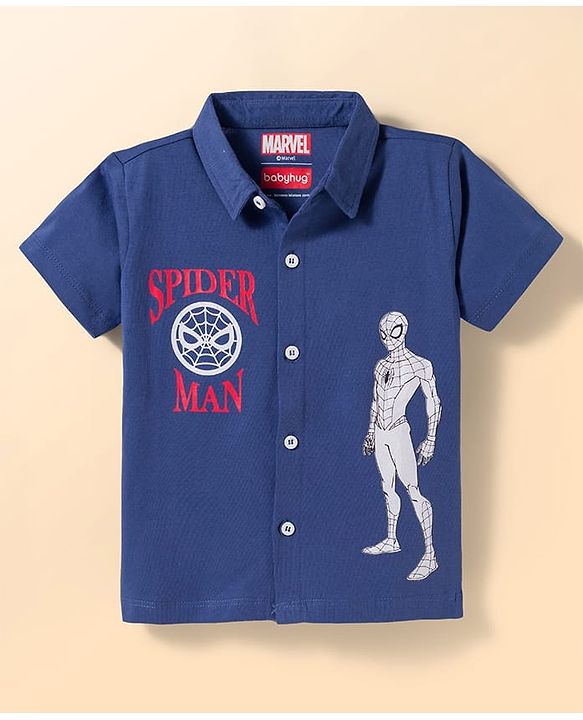 Babyhug Marvel Single Jersey Knit Half Sleeves Spider Man Printed Shirt With T-Shirt  - Navy Blue