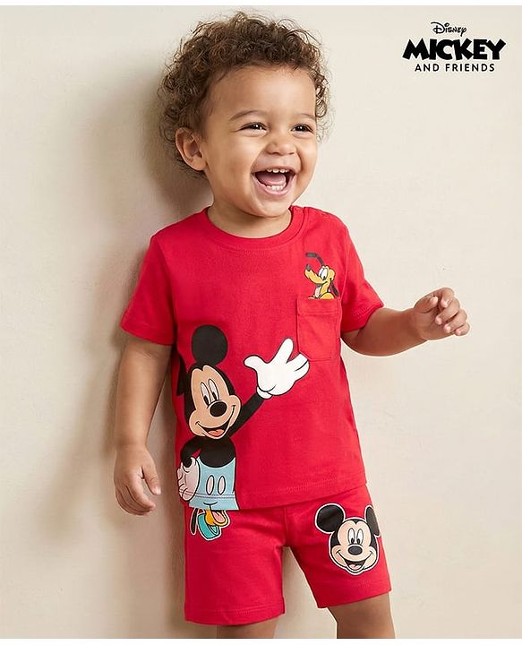 Babyhug Disney Single Jersey Knit Half Sleeves T-Shirt & Shorts Set with Mickey Mouse Graphic & Pocket Detailing - Red