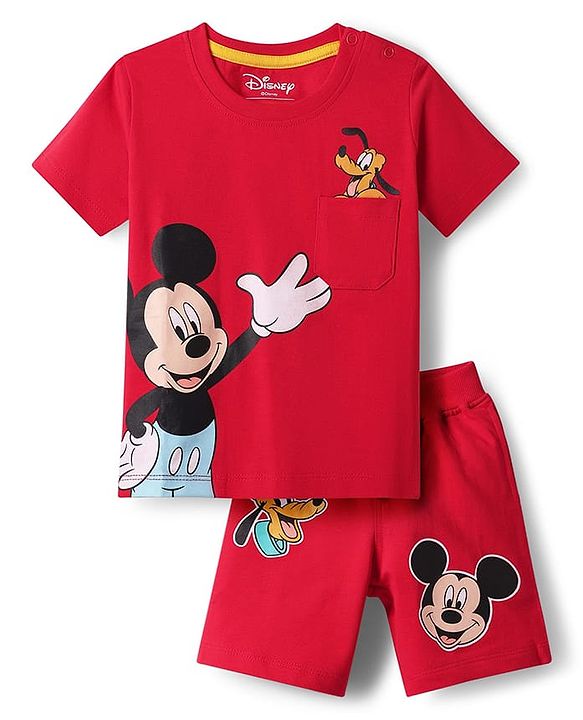 Babyhug Disney Single Jersey Knit Half Sleeves T-Shirt & Shorts Set with Mickey Mouse Graphic & Pocket Detailing - Red